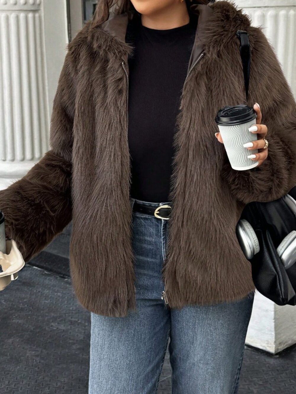 Coffee Brown Casual Women's Zipper Front Casual Faux Fur Hooded Jacket